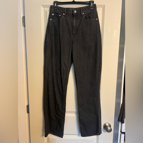Club Monaco High Waisted Cuffed Jeans Black. Wide Leg Straight Fit Dark Wash - Picture 5 of 10